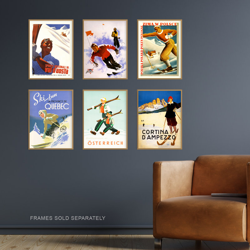Ski Adverts Austria Italy Poland Canada 6-Piece Set Unframed Wall Art Prints Bathroom Bedroom Aesthetic Vintage Winter Skiing