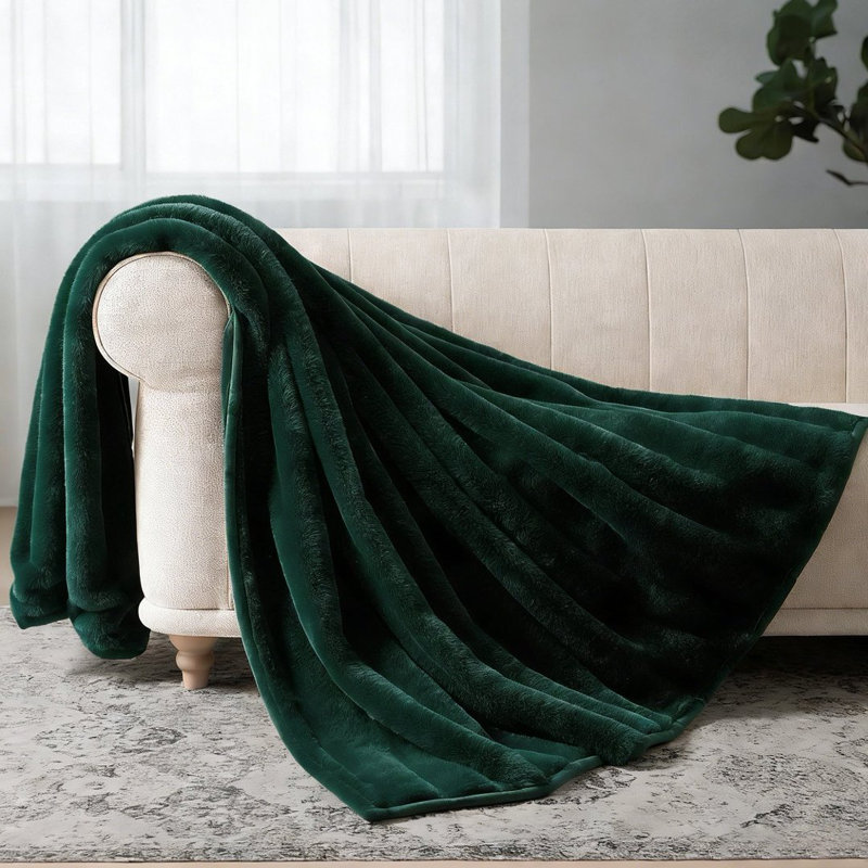 Emerald Green Faux Rabbit Fur Reversible Blanket, Soft Plush Throw Blanket With Flannel Reverse, Cozy Warm Blanket For Bed & Sofa, Machine Washable