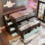 Lit mezzanine simple TG avec bureau coulissant et lit gigogne simple, lit superposé multifonctionnel avec 2 tiroirs de rangement et marches de rangement, cadre de jeu et de poste de travail peu encombrant, noir et bleu