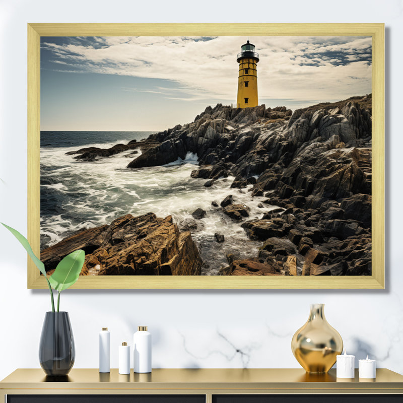 " Grey And Yellow Lighthouse Photo I ", Gold Single Picture Framed, 24" H x 32" W x 1" D
