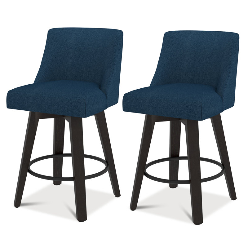 Counter Height Bar Stools, 26 Inch Seat Height Upholstered Swivel Bar Stools with Back Set of 2, Blue