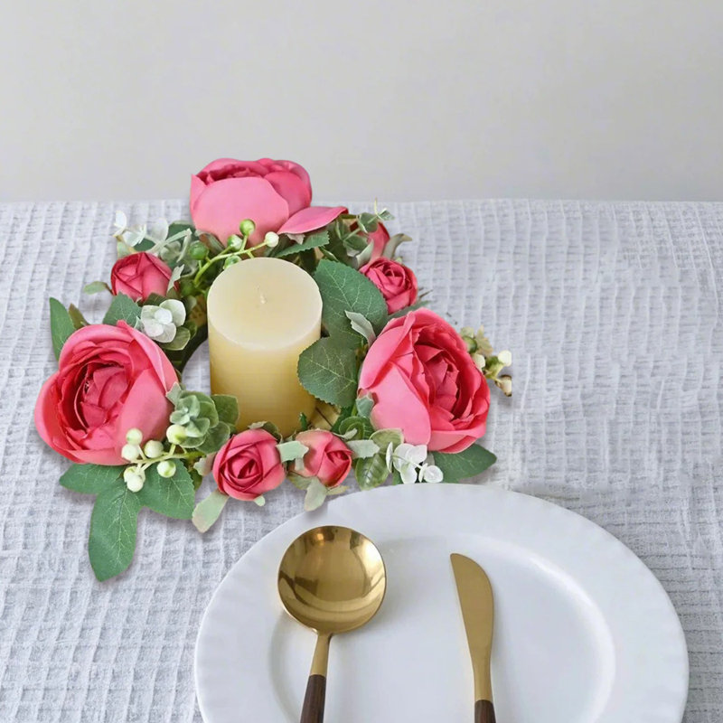 4Pcs Mini Rose Candle Rings Wreath, Dark Pink