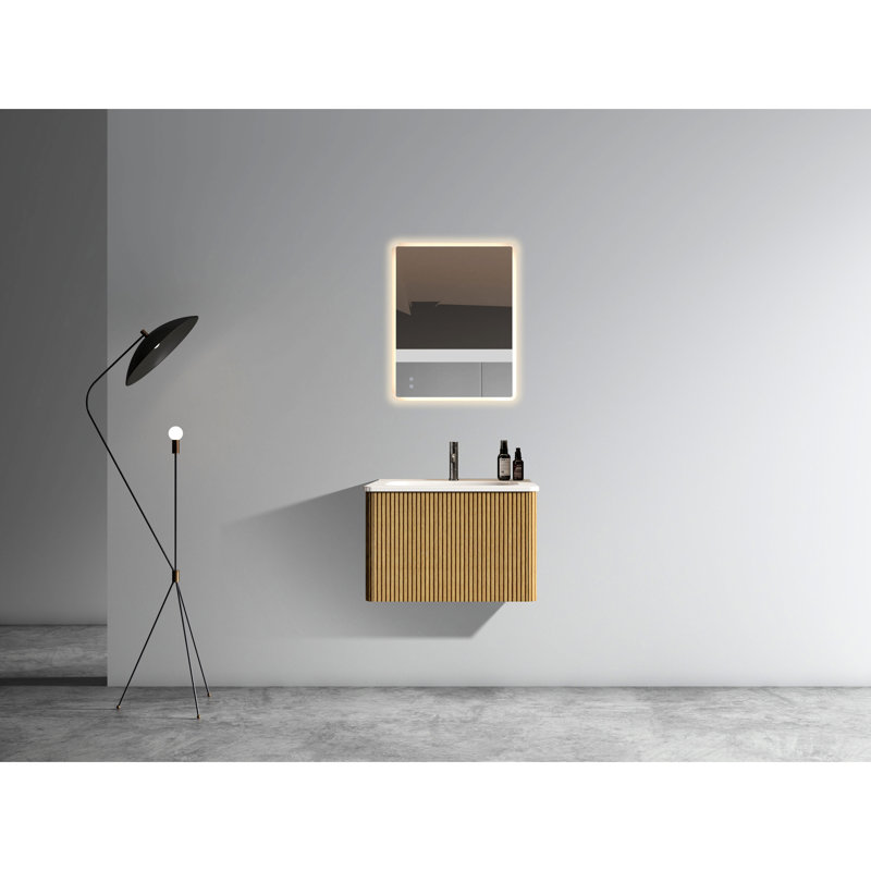Meuble-lavabo de salle de bain mural de 24 po avec lavabo rayé en chêne naturel et en céramique blanche à rebords incurvés de conception moderne
