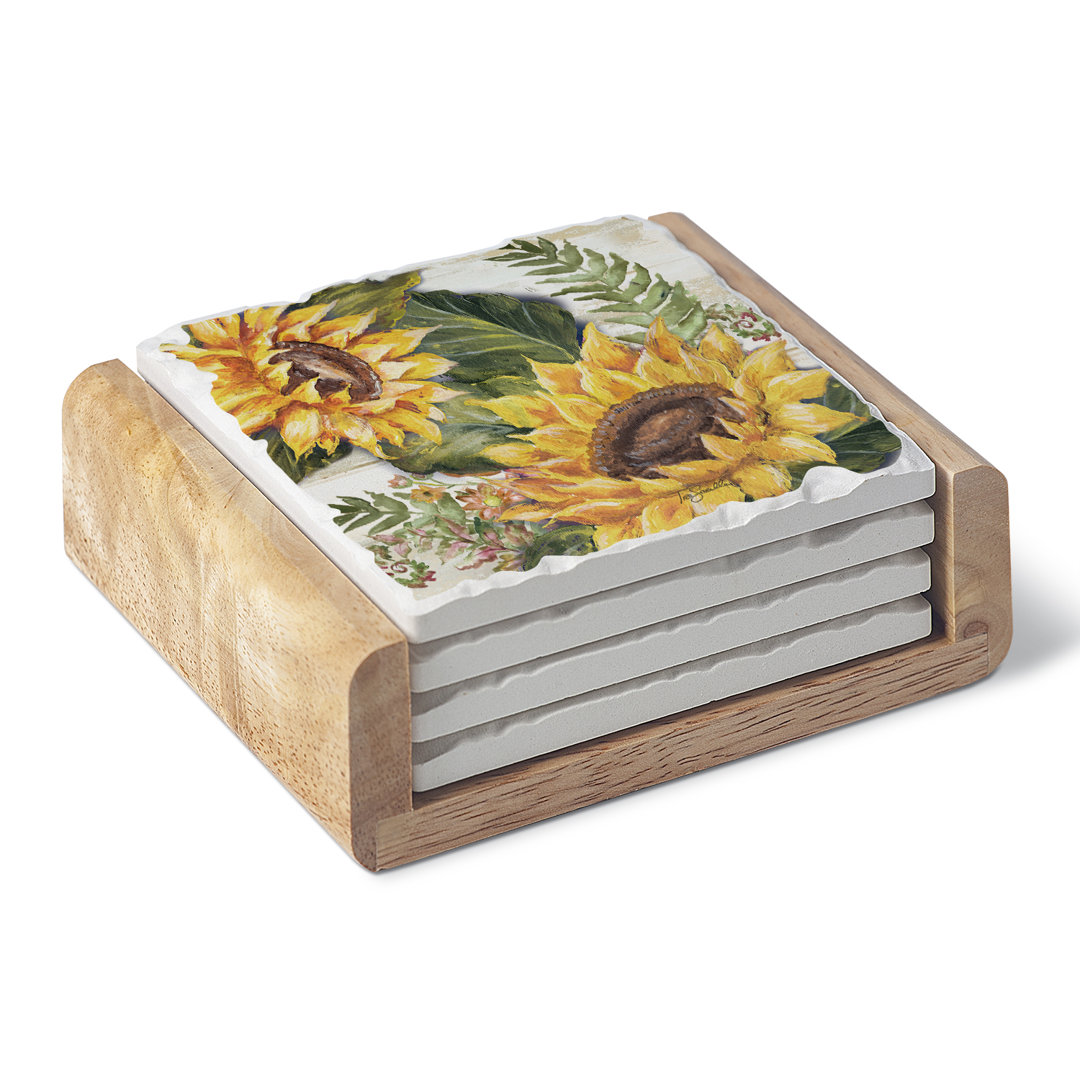 Stoneware Square 4 Piece Coaster Set With Holder (Set of 4) August Grove®