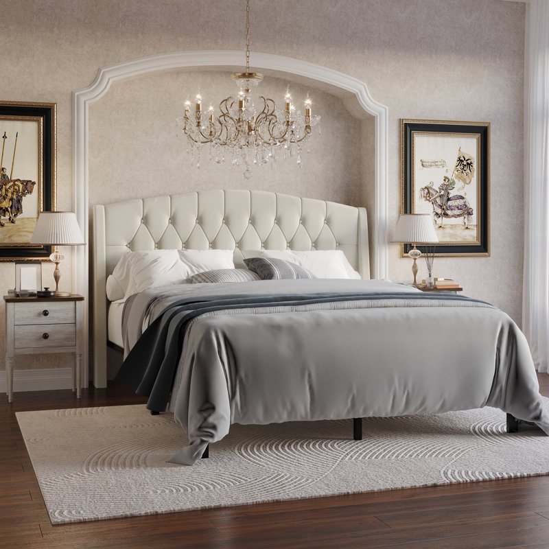 Rissie Gorgeous Upholstered Bed With 2 Nightstands In Linen, Full/Double, Warm Gray