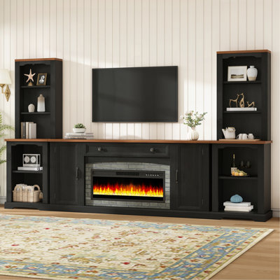 3-Piece Entertainment Center With Mantel - Electric Fireplace Heater For Tvs Up To 70", Walnut TV Stand Set With Storage, Farmhouse TV Cabinet With Bookshelves For Living Room