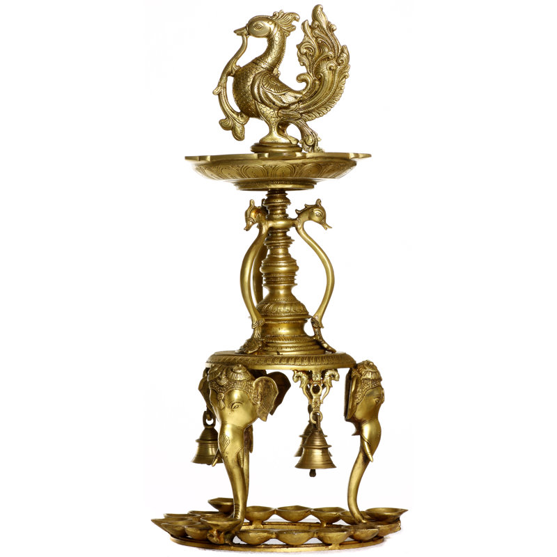 Lampe sur pied 24 po en laiton et éléphant en laiton | Puja Diya à plusieurs niveaux avec clochettes | Décoration artisanale du temple