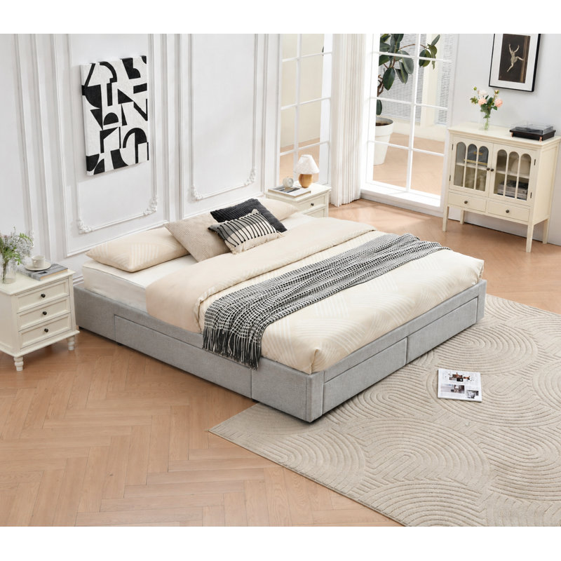 4 Drawer Upholstered  Platform Storage Bed, King, Gray