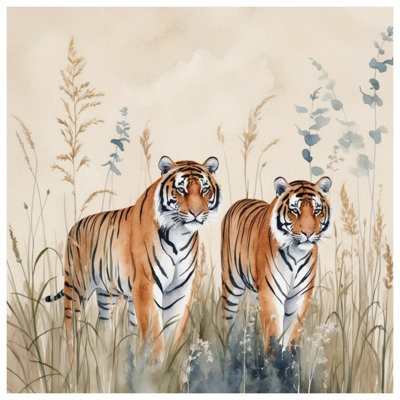 Two Tigers In Grass Wall Tapestry - Tigers Wall Decor