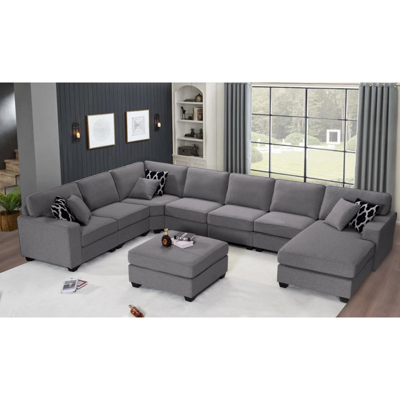 165.7" Wide Reversible Modular Sectional with Ottoman, Dark Gray Polyester Blend