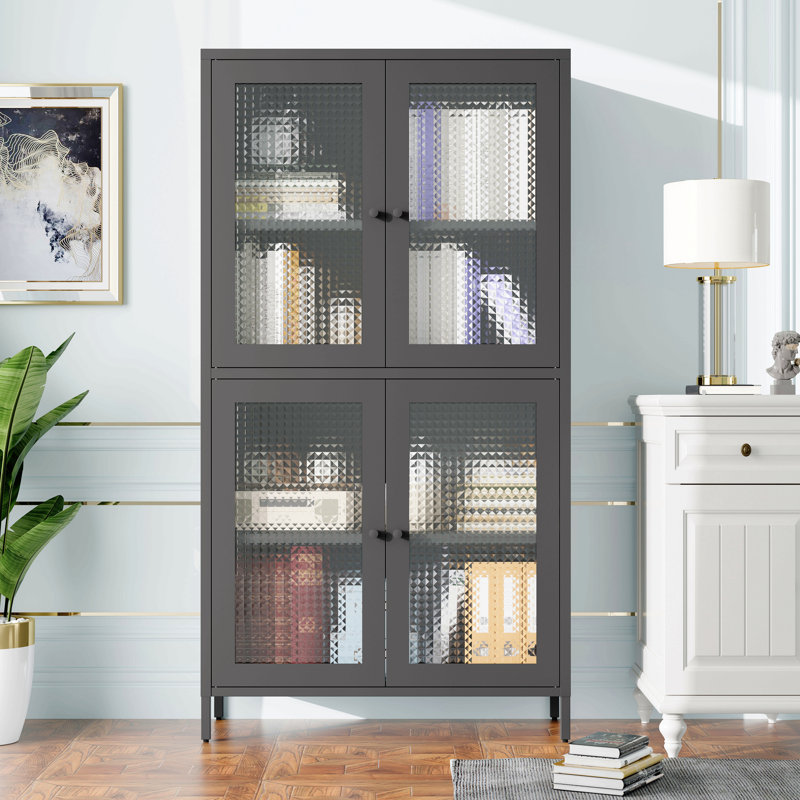 Classic Metal Storage Cabinet Display Cabinet With 4 Glass Doors 4 Shelves Cabinet Freestanding Bookcase Side Cabinet For Home Office Living Room Kitchen Hallway