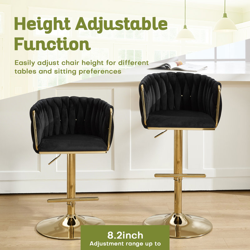 360°Velvet Swivel Bar Stools Set of 2,Gold Bar Stool Set of 2 with Woven Backrest, Modern Adjustable Counter Height Bar Stool,Black