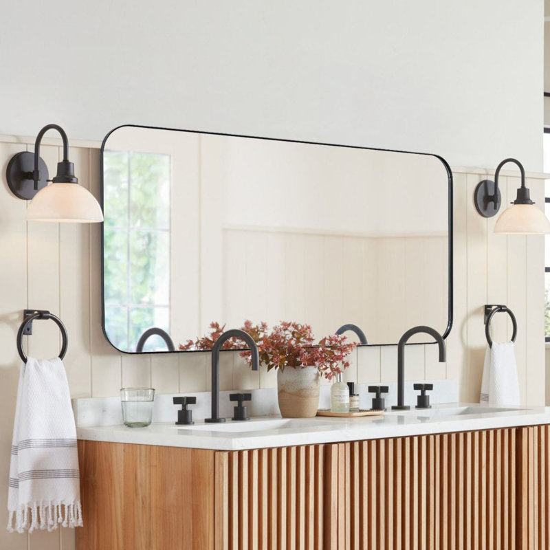 Josilyn Mid-Century Modern Chic Metal Rounded Wall Mirrors, Matte Black, 60" x 30"