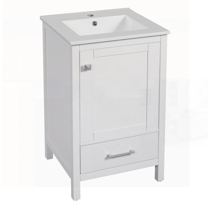 Meuble-lavabo moderne avec lavabo en céramique, tiroir et porte à fermeture en douceur, organisateur de porte à double couche, tiroir de séparation, patins réglables - conception de rangement peu encombrante