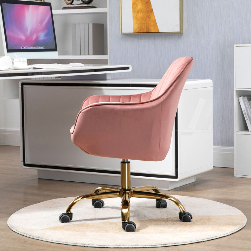 Chaise pivotante en velours 360 ° avec dossier haut, chaise de travail réglable avec base dorée, Rose