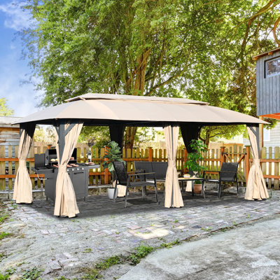 Pavillon de jardin 10 x 20 pi - Cadre en métal robuste, double toit ventilé, rideaux d'intimité, pavillon de jardin brun, brun. Tente d'extérieur avec toit. Cadre. . Spacieux pour 13 à 15 personnes. Vibration