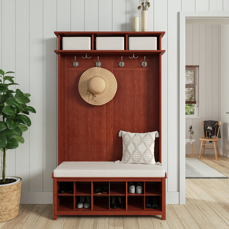 John Louis Home Solid Wood Hall Tree with Shoe and 1 Bin Storage, Red Mahogany