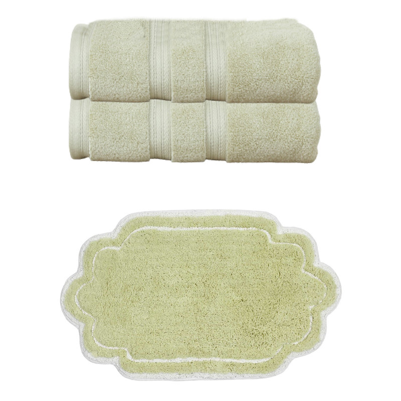 Talbert Collection 100% Soft Cotton 6 Pc Towel Set & 1 Pc 21x34" Bath Rug, (Set of 7), Green, Green, 3 Piece Towel Set