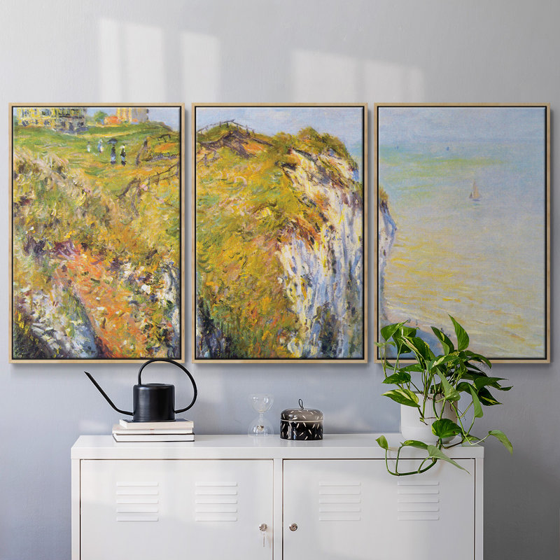Falaises par Monet - Toile encadrée multi-pièces, Encadré naturel, H 40 po x l 78 po