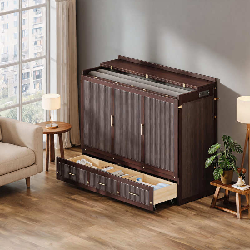 Grand lit escamotable avec station de charge USB, lit escamotable mural escamotable vertical avec tiroirs, lit de chambre d'amis peu encombrant, finition café