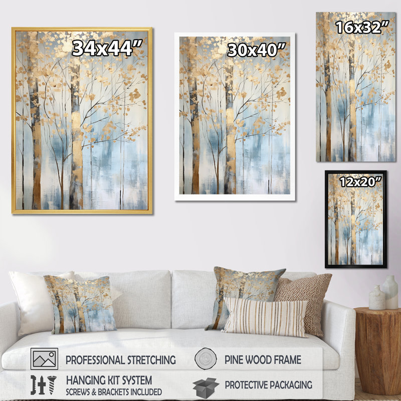 Or et bleu, arbres au trésor, paysage II - art mural arbres, H 44 po x l 34 po x P 1,5 po, Cadre flottant érable