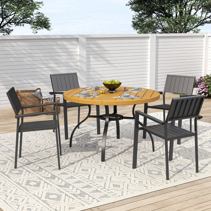 5-Piece Outdoor Patio Dining Set, 47" Round Wood-Grain Slat Table W/ Umbrella Hole + 4 Stacking Metal Chairs (350 Lbs Capacity), Rustproof, Breathable Design, 30-Min Assembly, Patio, Garden, Balcony