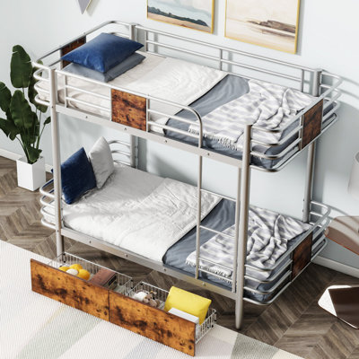 Twin XL Over Twin XL Metal Bunk Bed With MDF Board Guardrail And Two Storage Drawers -  17 Stories, 8B696842DEB743AD81E4C6C08001B3D1