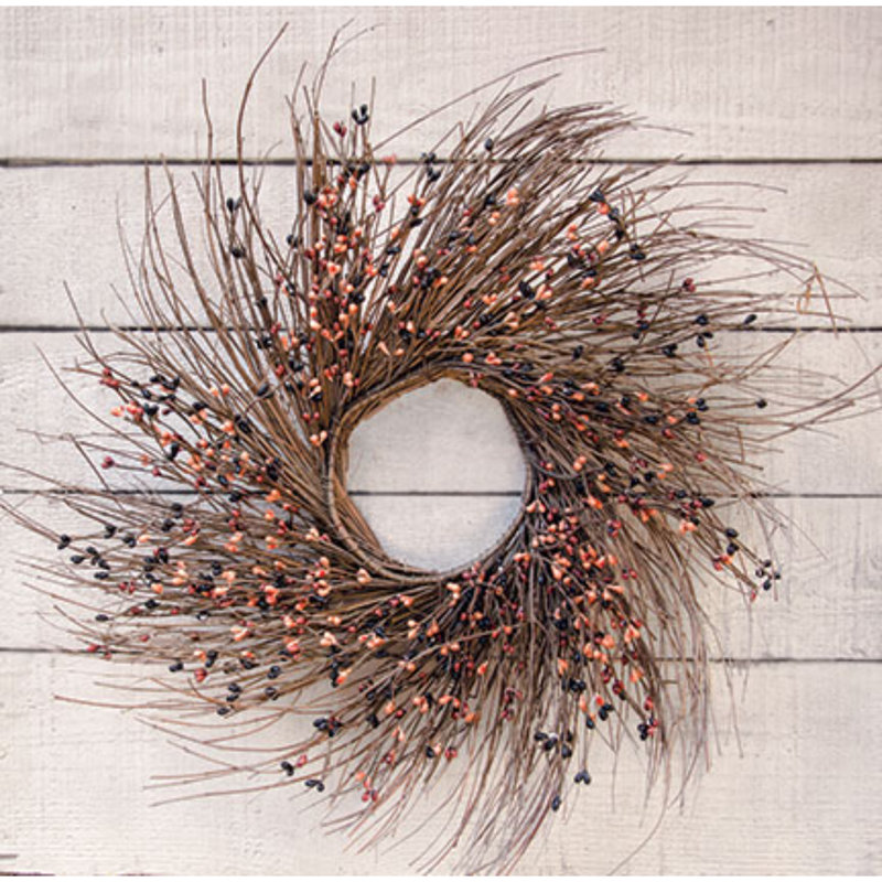 Couronne d'automne à pépins et vignes, H 16 po x l 16 po x P 4 po, Noir / rouille / orange