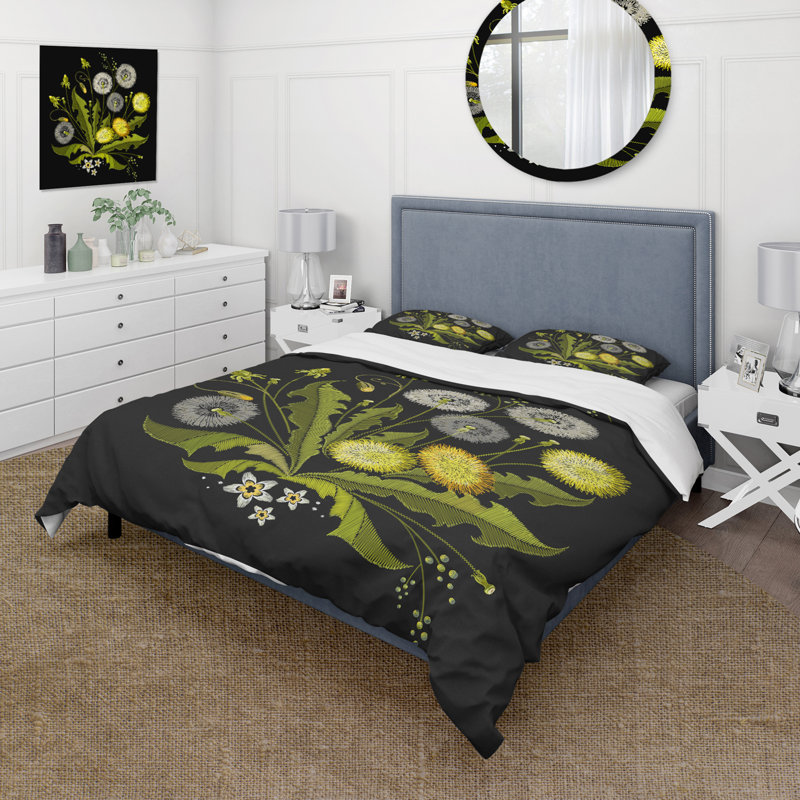 Pissenlit sur fond noir - ensemble de housse de couette traditionnel - microfibre de polyester