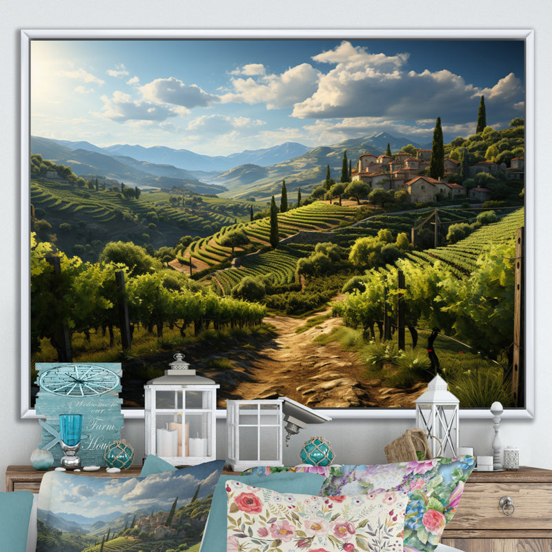 «Green Vineyard Majestic Provence», reproduction sur toile, H 30 po x l 40 po x P 1,5 po, Cadre flottant blanc