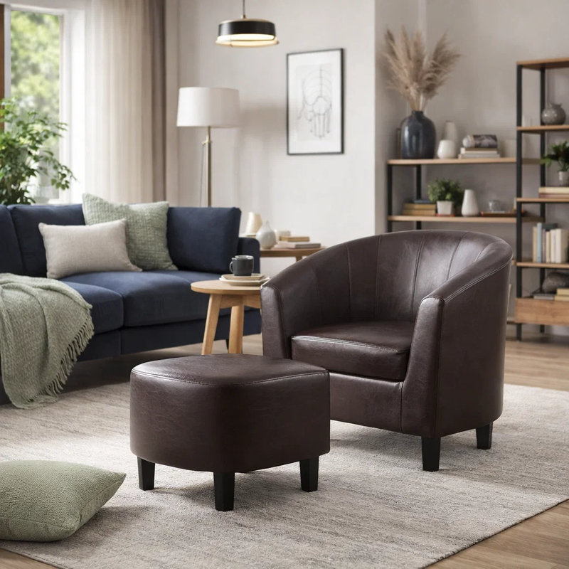 29″ Modern Barrel Accent Chair with Ottoman, Dark Brown Faux Leather