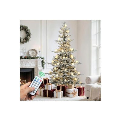 Arbre de Noël stratifié enneigé 6 pi avec télécommande, arbre de Noël à charnière floqué avec 1338 extrémités en PE et en PVC, 270 lumières blanc chaud et couleurs changeantes avec abat-jour amovible, 11 modes