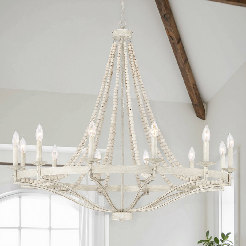 Mattheo 12-Light Dimmable Steel Candle Style Wagon Wheel Chandelier with Wood Beads , Ivory