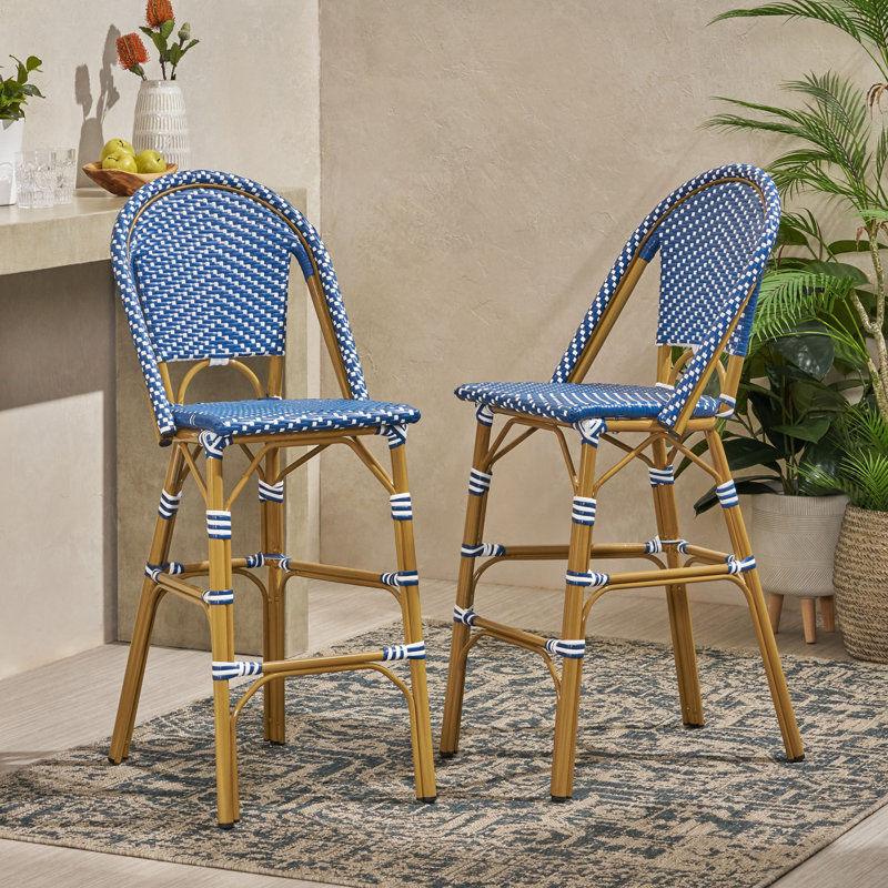 Outdoor French Barstool Set With Durable Materials And Stylish Design, Navy Blue/White