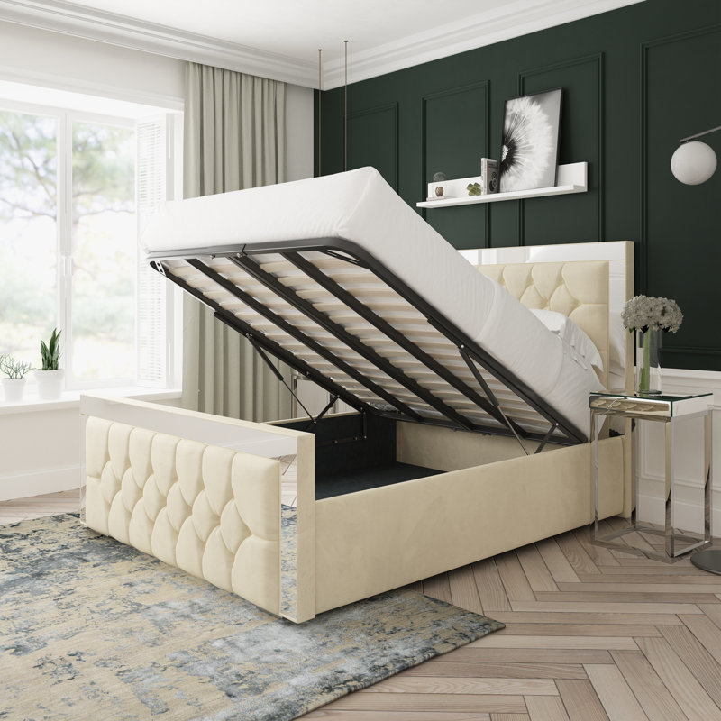 Sage Plush Velvet Upholstered Ottoman Bed Frame, Super King (6'), Cream