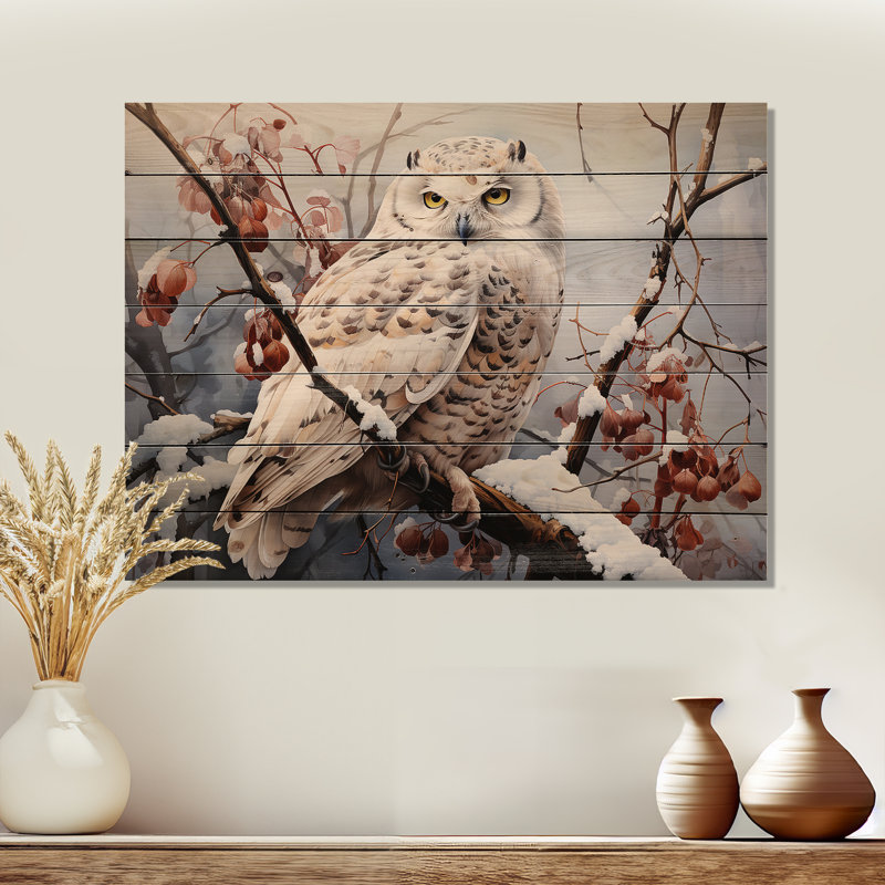 Hibou des neiges hiver III sur bois, H 10 po x l 20 po x P 0,78 po