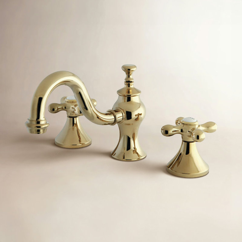Kingston Brass Vintage Two-Handle 3-Hole Deck Mount Widespread Bathroom Faucet with Brass Pop-Up Drain, Polished Brass