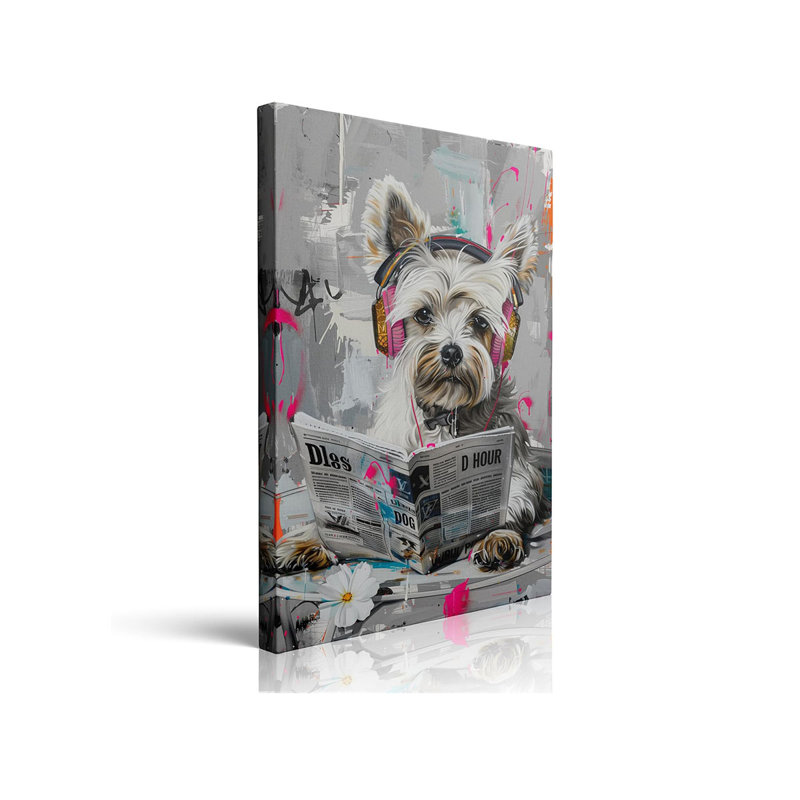 Funny Dog Reading Newspaper Canvas Wall Art, Graffiti Style Bathroom Wall Decor, Cute Pet Artwork For Bathroom, Laundry Room & Dog Groomer Home Decoration