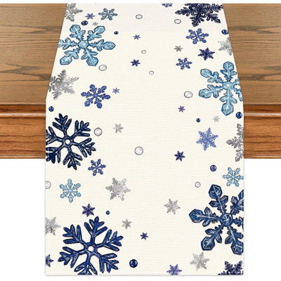 Winter Blue Snowflakes Table Runner 13X72 Inch,Christmas Seasonal Holiday Tabletop Runner For Farmhouse Kitchen Dinning Indoor Outdoor Home Party Decoration