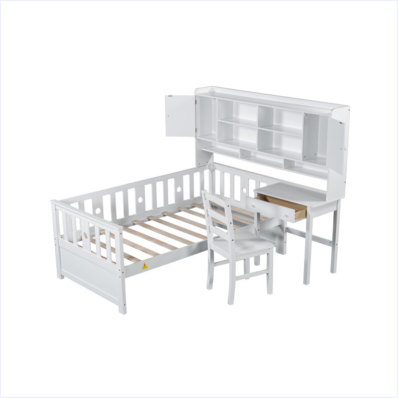 Twin Size Multifunctional Wood Platform Bed With Bookshelf At The Head Of The Bed, White