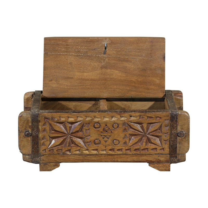 Rustic 12" Hand Carved Solid Wood Double Compartment Jewelry Keepsake Box