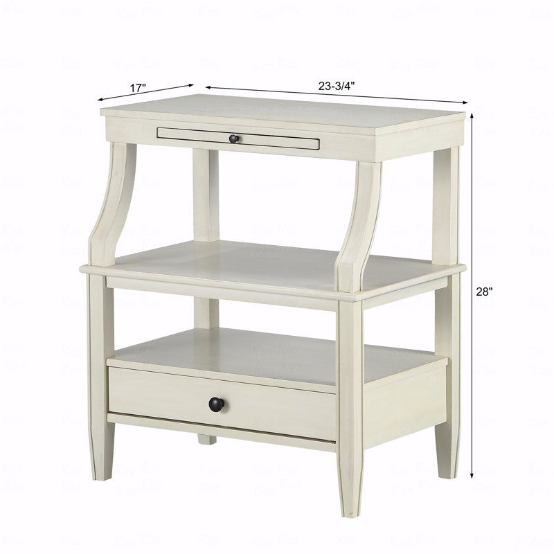 Antique White Nightstand with Pull-Out Tray and Storage Drawer