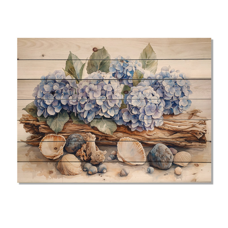 Décor d'hortensias et de bois flottant - Décoration murale en bois d'hortensias - sur bois de pin naturel, H 34 po x l 44 po