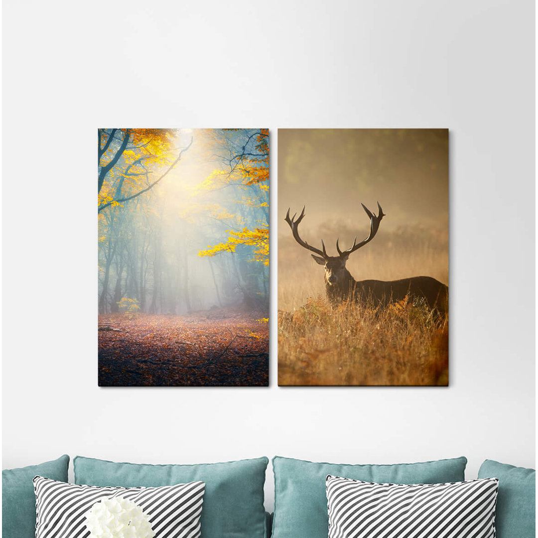 2-tlg. Leinwandbilder-Set - Grafikdruck „Forest Autumn Leaves Deer Silence Calming Peaceful”