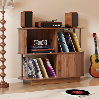 2 Tier 160 vinyl record players  Audio Media Cabinet Storage With Outlets
