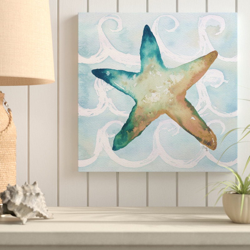 «Sea Creatures on Waves I», reproduction de peinture à l'aquarelle, H 28 po x l 28 po x P 1,5 po, Toile tendue