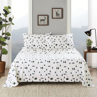 Drap-housse 4 pièces d'arbres et de camions, flanelle 100% coton, doux et confortable, 1 drap-housse composé, 2 taies d'oreiller plates, confortable, contient