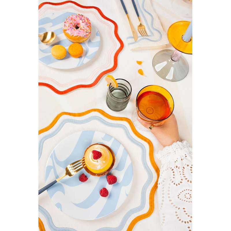 Colorblock Embroidered Linen Placemats, Blue/Orange