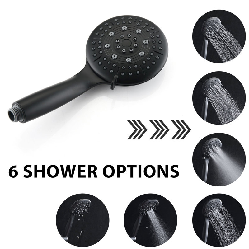 Pomme de douche haute avec douchette à main - Laiton noir mat, fixation murale, 1,8 gal / min, 6 modes de jet, débit réglable, boyau de 59 po, comprend une valve brute, motifs de pluie et noir, peu d'entretien