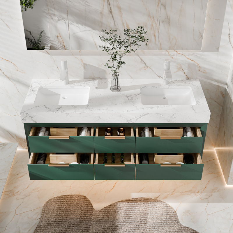 Melora 60" Wall-Mounted Modern Bathroom Vanity With Double Sink, Soft-Close Drawers, White Stone Countertop & LED Light